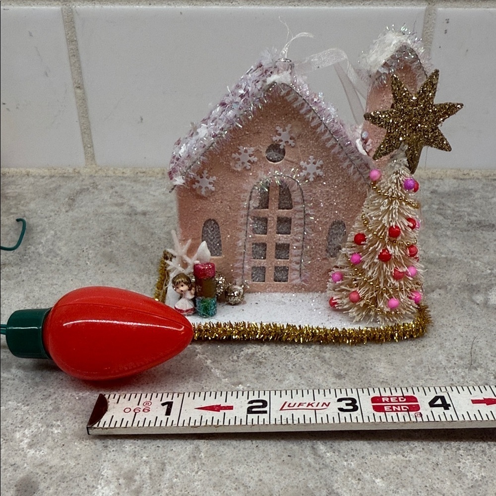 Miniature Holiday Glitter Putz House Church with Tiny Tree and figure 4”x2”x4”
